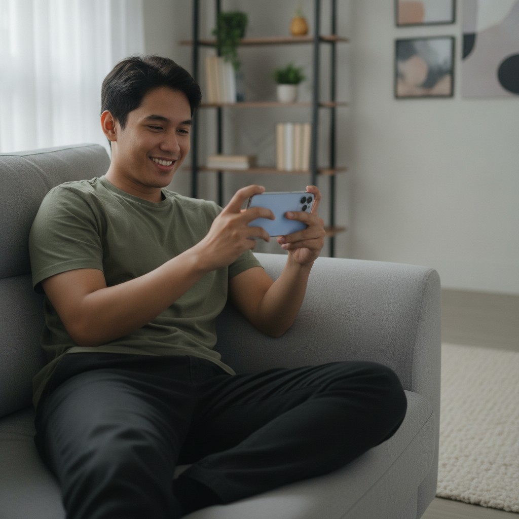 Filipino player using smartphone to explore online casino gaming at home